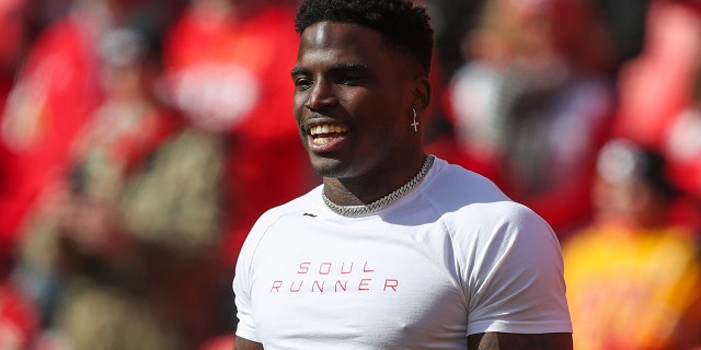 Kansas City Chiefs wide receiver Tyreek Hill smiles before the AFC Championship game between the Cincinnati Bengals and Kansas City Chiefs on Jan 30, 2022, at GEHA Field at Arrowhead Stadium in Kansas City, Missouri.