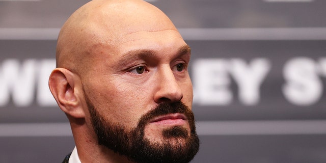 Tyson Fury looks on during the Tyson Fury vs. Dilian Whyte press conference at Wembley Stadium on March 1, 2022, in London, England.