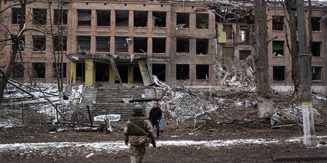 A high school building damaged after Russian missile attacks in Vasylkiv, Kyiv Oblast, Ukraine, March 1.