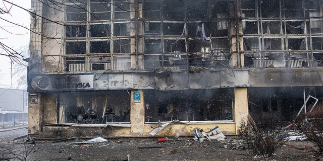 A destroyed building following Russian missile strikes in Kyiv, Ukraine, on Wednesday, March 2, 2022.