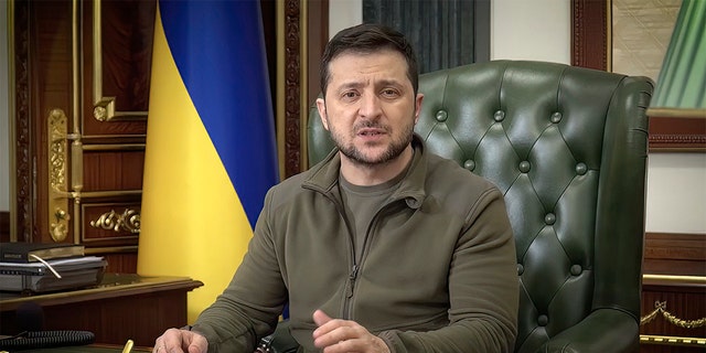 In this image from video provided by the Ukrainian Presidential Press Office and posted on Facebook, Ukrainian President Volodymyr Zelenskyy speaks in Kyiv, Ukraine, on early Wednesday, March 16, 2022. (Ukrainian Presidential Press Office via AP)