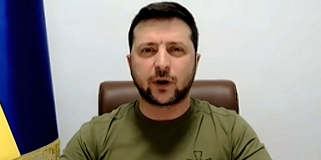 In this image from video provided by the House Television, Ukrainian President Volodymyr Zelenskyy speaks from Kyiv, Ukraine, as he addresses virtually addresses Congress on Wednesday, March 16, 2022. 