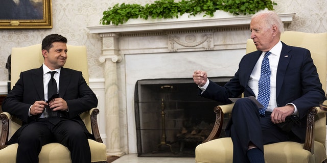 President Biden and Ukraine President Volodymyr Zelenskyy meet in the Oval Office of the White House in Washington, Sept. 1, 2021.