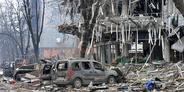 A view of damaged building after the shelling is said by Russian forces in Ukraine's second-biggest city of Kharkiv on March 3, 2022.