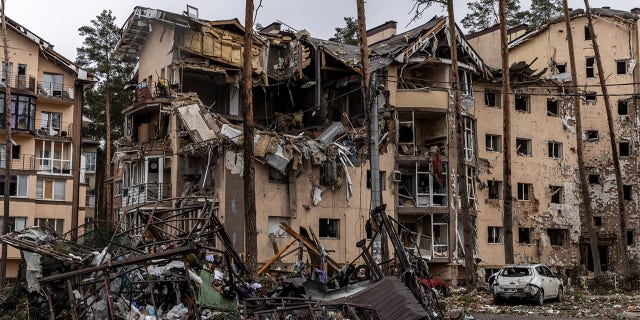 Demolished buildings March 3, 2022 in Irpen, Ukraine.