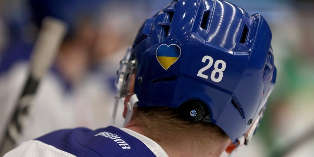 The Ukraine flag is seen during the Champions Hockey League Final between Rogle Angelholm and Tappara Tampere at Catena Arena on March 01, 2022 in Angelholm, Sweden.