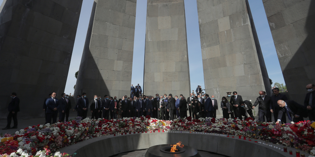 On the Day of Remembrance of the Victims of the Armenian Genocide in the Ottoman Empire, people lay flowers at the memorial complex of the Armenian Genocide on Mount Tsitsernakaberd.