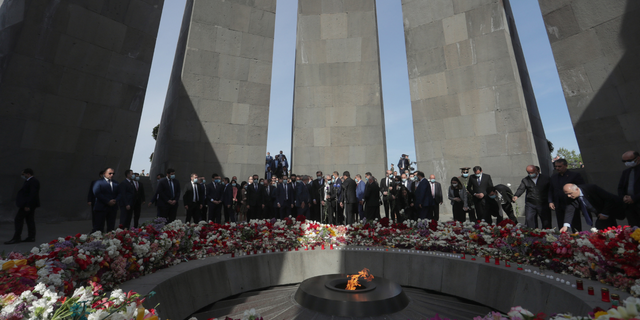 On the Day of Remembrance of the Victims of the Armenian Genocide in the Ottoman Empire, people lay flowers at the memorial complex of the Armenian Genocide on Mount Tsitsernakaberd.