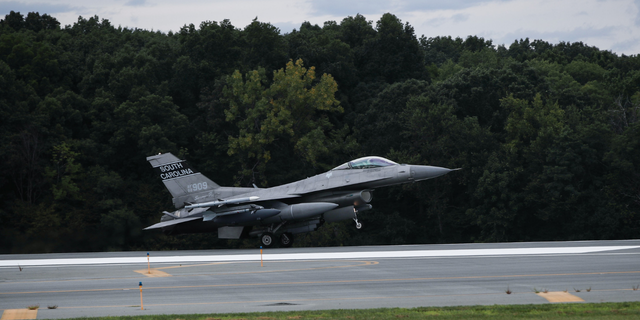 FILE PHOTO: An F-16 fighter jet landing before an air show in New York City. 