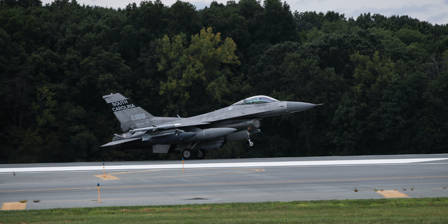 FILE PHOTO: An F-16 fighter jet landing before an air show in New York City. 