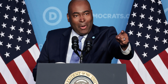 Democratic National Committee Chairman Jamie Harrison giving the introduction speech for President Biden at the DNC Winter Meeting on March 10, 2022, in Washington.