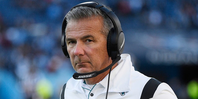 Dec 12, 2021; Nashville, Tennessee. Jacksonville Jaguars head coach Urban Meyer on the sidelines against the Tennessee Titans during the second half at Nissan Stadium.