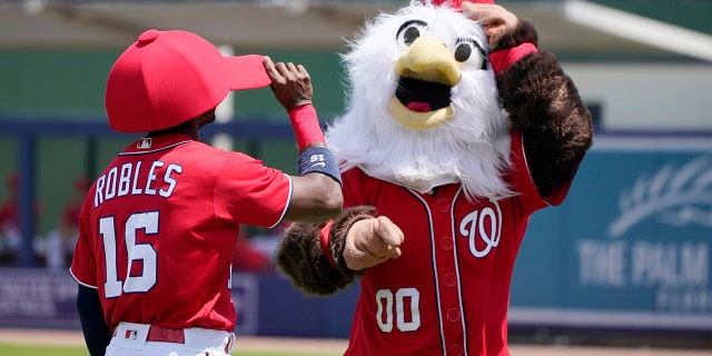 Washington Nationals' Victor Robles (16) trades ball caps with Screech the Nationals' mascot before a spring training baseball game against the St. 루이스 카디널스, 수요일, 행진 30, 2022, in West Palm Beach, Fla.