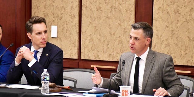 Sen. Josh Hawley, R-Mo., and Rep. Jim Banks, R-Ind., address members of the Republican Study Committee (RSC) on Capitol Hill on March 30, 2022.