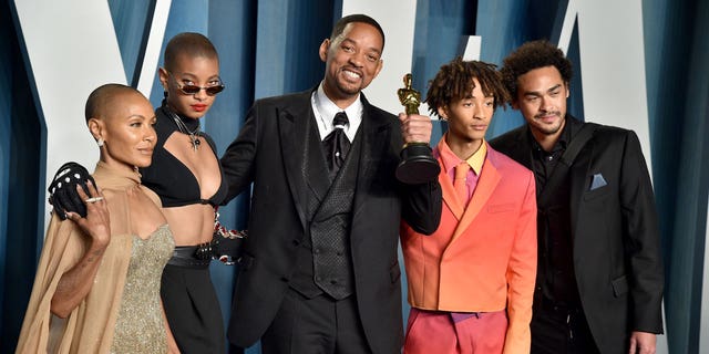 Jada Pinkett Smith, Willow Smith, Will Smith, Jaden Smith and Trey Smith attend the 2022 Vanity Fair Oscar Party. Earlier on Friday, it was revealed that Smith is no longer allowed at the Oscars or any academy events for 10 years.