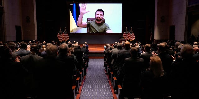 Ukrainian President Volodymyr Zelenskyy delivers a virtual address to the U.S Congress at the Capitol, in Washington, U.S., March 16, 2022.