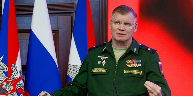 Chief of the Media Service and Information Directorate of the Russian Defence Ministry, Maj Gen Igor Konashenkov, gives a press briefing on the situation in the Idlib buffer zone in Syria. 
