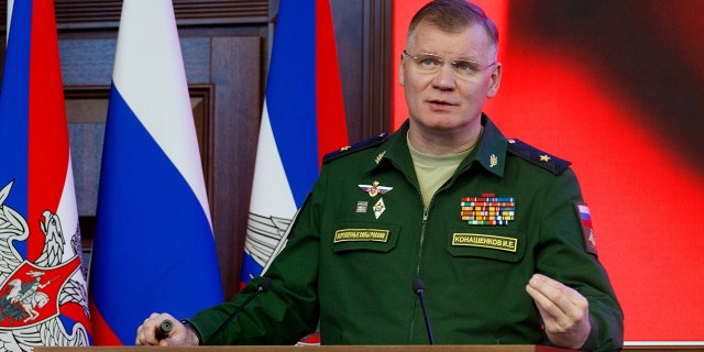 Chief of the Media Service and Information Directorate of the Russian Defence Ministry, Maj Gen Igor Konashenkov, gives a press briefing on the situation in the Idlib buffer zone in Syria. 