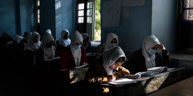 Afghan girls participate in a lesson at Tajrobawai Girls High School in Herat, Afghanistan, on Nov. 25, 2021.