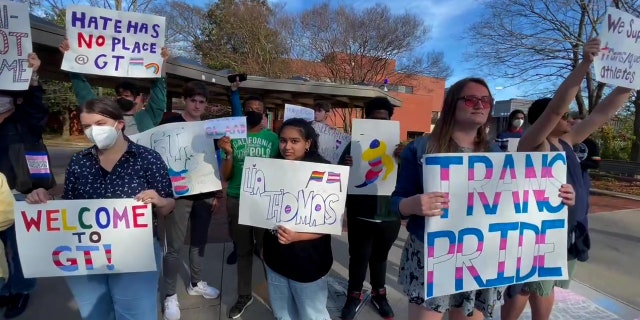 Georgia Tech's Grad Pride club attended the protest to show support for trans athletes Lia Thomas and Iszac Henig.