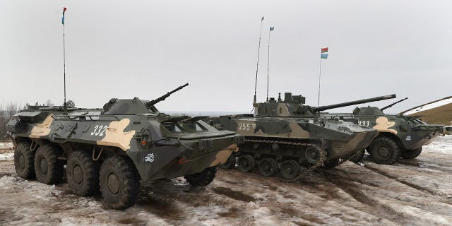 Belarus' armored personnel carriers (APCs) during joint exercises of the armed forces of Russia and Belarus as part of an inspection of the Union State's Response Force, Feb. 17, 2022, at a firing range near the town of Osipovichi outside Minsk.