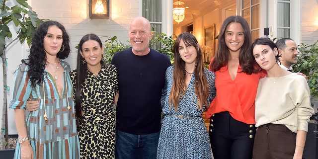 (L-R) Rumer Willis, Demi Moore, Bruce Willis, Scout Willis, Emma Heming Willis and Tallulah Willis attend Demi Moore's 'Inside Out' Book Party on September 23, 2019, in Los Angeles, California. 