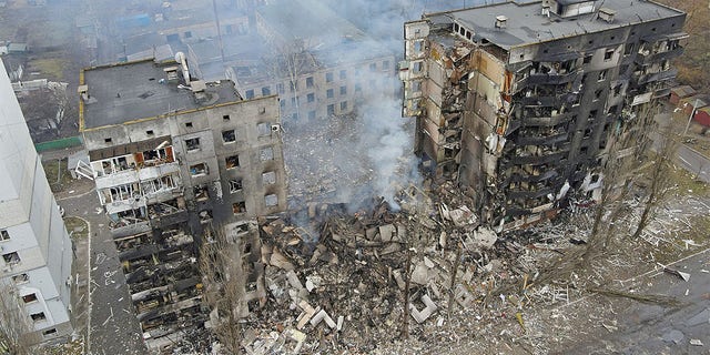 FILE PHOTO: An aerial view shows a residential building destroyed by shelling, as Russia's invasion of Ukraine continues, in the settlement of Borodyanka in the Kyiv region, Ukraine March 3, 2022. Picture taken with a drone.