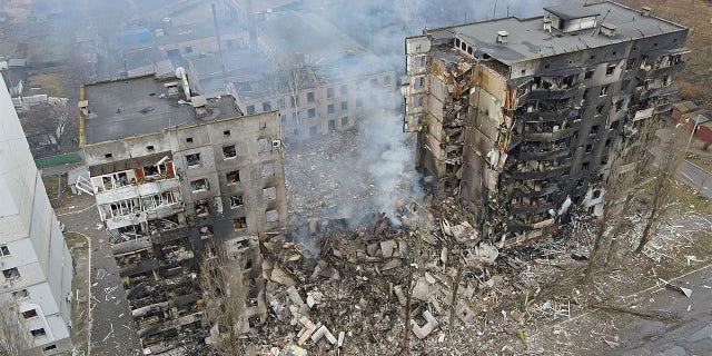 FILE PHOTO: An aerial view shows a residential building destroyed by shelling, as Russia's invasion of Ukraine continues, in the settlement of Borodyanka in the Kyiv region, Ukraine March 3, 2022. Picture taken with a drone.