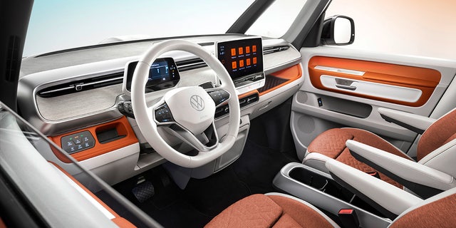 The VW ID.Buzz interior features less of a retro design than the body.