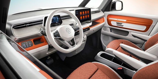 The VW ID.Buzz interior features less of a retro design than the body.