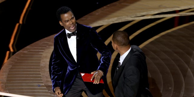 Will Smith appears to slap Chris Rock onstage during the 94th Annual Academy Awards at Dolby Theatre on March 27, 2022, in Hollywood, California.