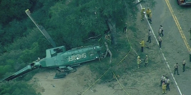 A Los Angeles County Sheriff's Office helicopter is seen after Saturday's crash.