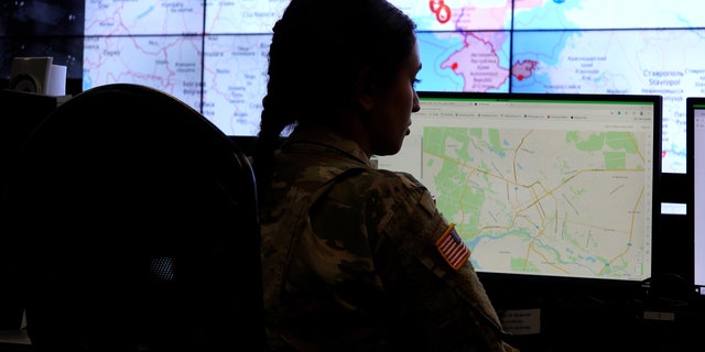 The California National Guard takes calls and communicates with the Ukrainian military and officials, to help streamline aid and resources from the United States Government, on March 16, 2022, in Sacramento, California. (FNC)