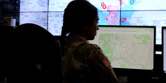 The California National Guard takes calls and communicates with the Ukrainian military and officials, to help streamline aid and resources from the United States Government, on March 16, 2022, in Sacramento, California. (FNC)