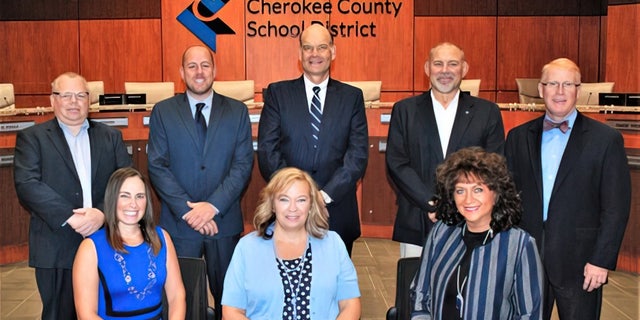 Cherokee County Board of Education Front row, from left, Kelly Poole, Kyla Cromer and Patsy Jordan. Back row, from left, Clark Menard, John Harmon, Mike Chapman, Robert Rechsteiner and Superintendent Dr. Brian V. Hightower.