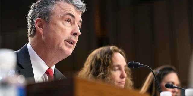 Alabama Attorney General Steve Marshall, left, testifies during a Senate Judiciary Committee confirmation hearing of Supreme Court nominee Ketanji Brown Jackson on Capitol Hill in Washington, D.C., March 24, 2022.