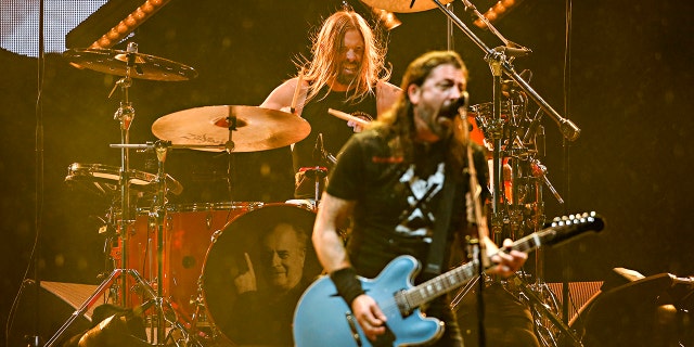 Taylor Hawkins and Dave Grohl of the Foo Fighters perform on stage at GHMBA Stadium March 4, 2022, in Geelong, Australia.
