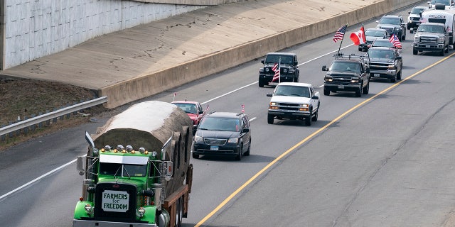 A convoy of trucks and other vehicles travels the I-495 Capital Beltway near the Woodrow Wilson Bridge, to protest mandates and other issues, Sunday, March, 6, 2022, in Fort Washington, Maryland. (AP Photo/Alex Brandon)