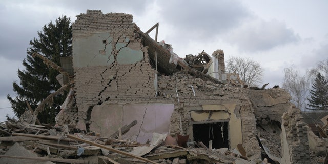 A cultural and community centre, which locals said was destroyed by recent shelling, as Russia's invasion of Ukraine continues, in the settlement of Byshiv in the Kyiv region, Ukraine March 4, 2022. 
