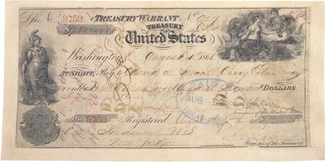 A canceled check in the amount of $7.2 million, for the purchase of Alaska, issued on August 1, 1868.