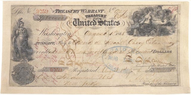 A canceled check in the amount of $7.2 million, for the purchase of Alaska, issued on August 1, 1868.