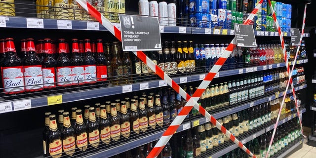 A supermarket in Ukraine blocking off alcohol to shoppers.