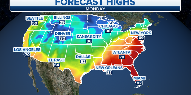 Expected high temperatures across the U.S. Monday.