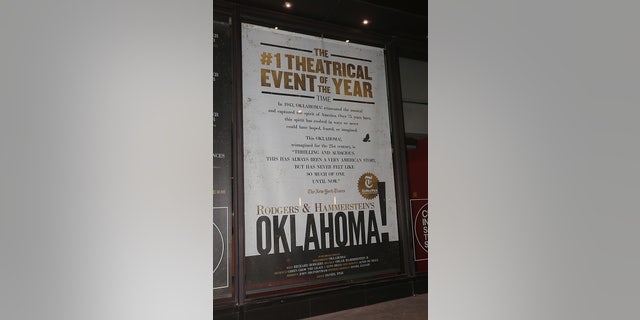 Signage at the new musical revival of "Oklahoma!" on Broadway at The Circle in The Square Theatre on March 29, 2019 in New York City.