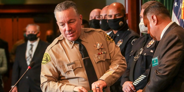 Los Angeles, CA - February 15: Sheriff Alex Villanueva gives details surrounding a weeklong, statewide operation aimed at combatting human trafficking, at a press conference held in Hall of Justice on Tuesday, Feb. 15, 2022 in Los Angeles, CA. (Irfan Khan / Los Angeles Times via Getty Images)
