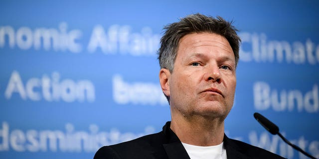 Robert Habeck, Germany's federal minister for economic affairs and climate protection, speaks at a press conference in Berlin, Monday, March 28, 2022.