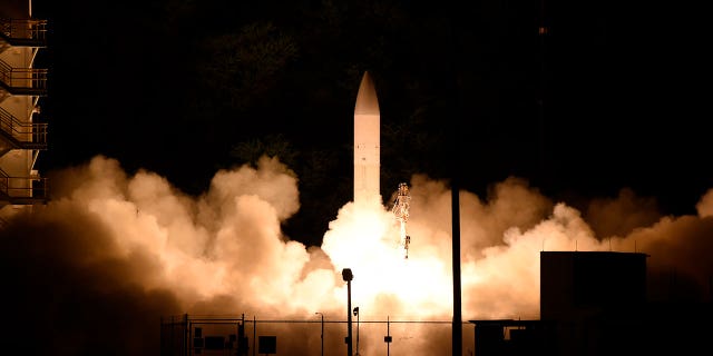 A common hypersonic glide body (C-HGB) launching from the Pacific Missile Range Facility, in Kauai, Hawaii, March 19, 2020, during a Department of Defense flight experiment.