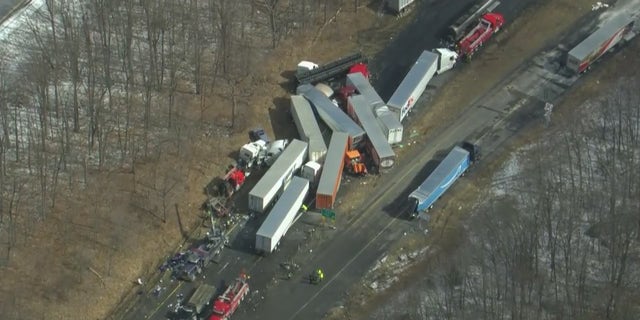 Vehicles involved in a pileup on I-81 in Schuylkill County, Pennsylvania.
