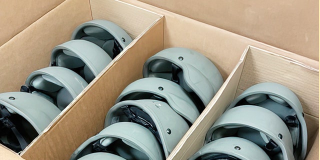 Retired ballistic helmets being sent to Ukraine.