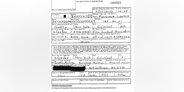 Bail receipt showing that Lauren Pazienza's mom wrote a $500,000 check  to bail her out of jail.